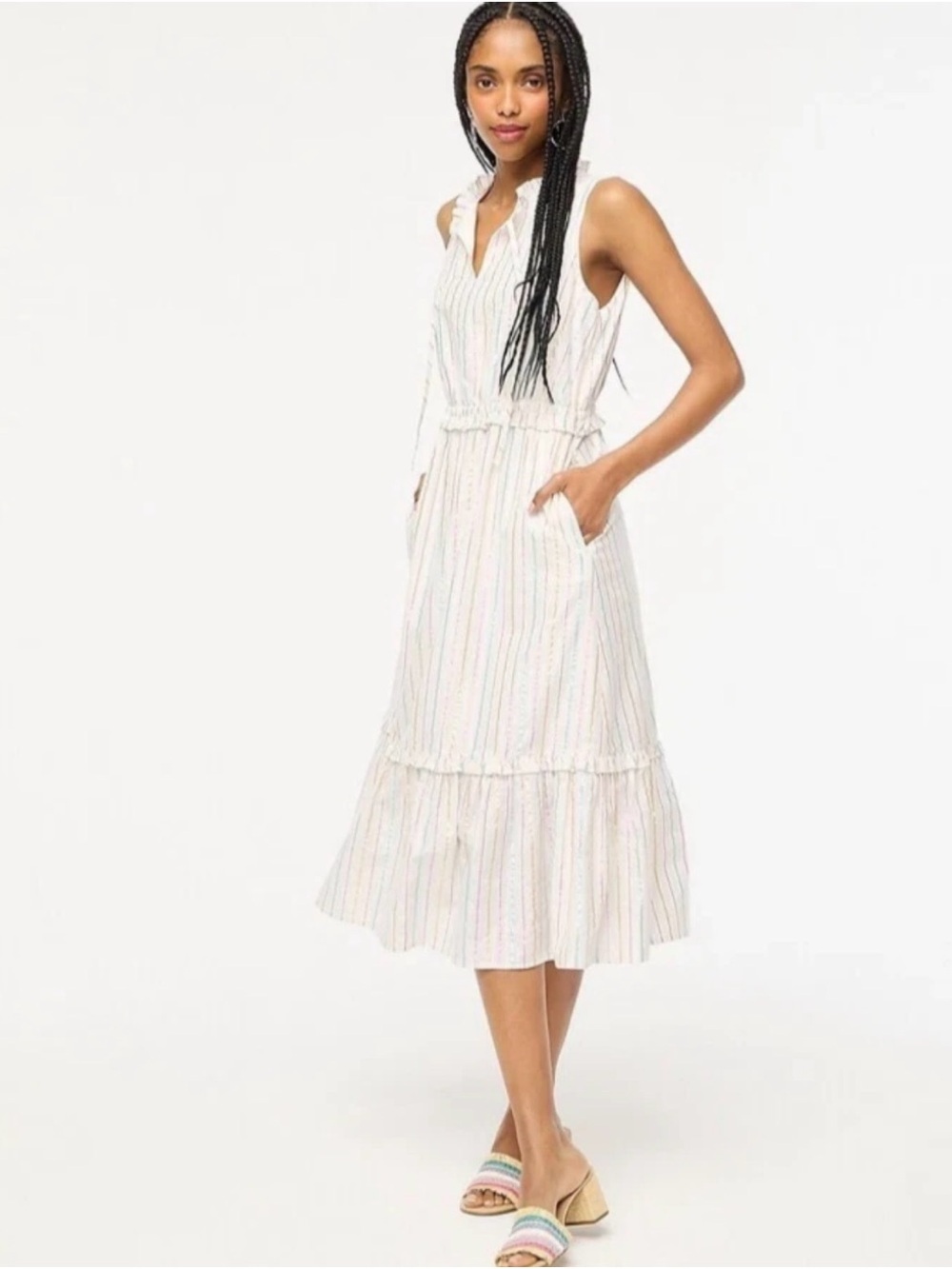 J. Crew Shimmering Candy Stripe Tiered Midi Ruffle Trim Front Tie Dress Sz 2
